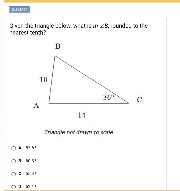 Can someone help me with this question "Given the triangle below, what is m (angle-example-1