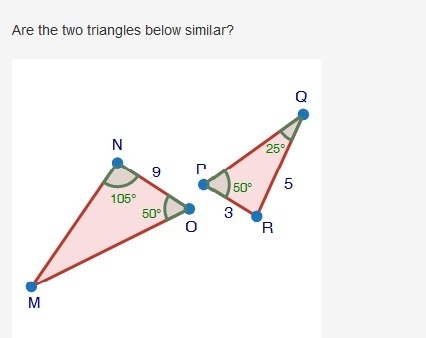 Are the two triangles below similar? Triangles MNO and PRQ are shown. Angle N measures-example-1