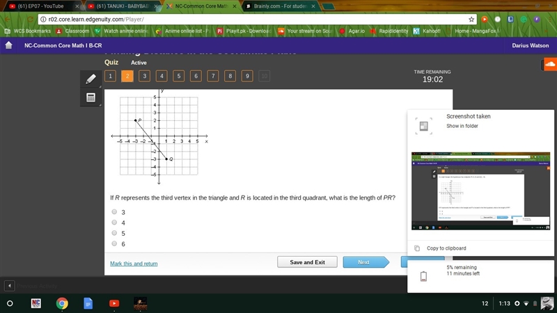 In a right triangle, the hypotenuse has endpoints P(–3, 2) and Q(1, –3).-example-1