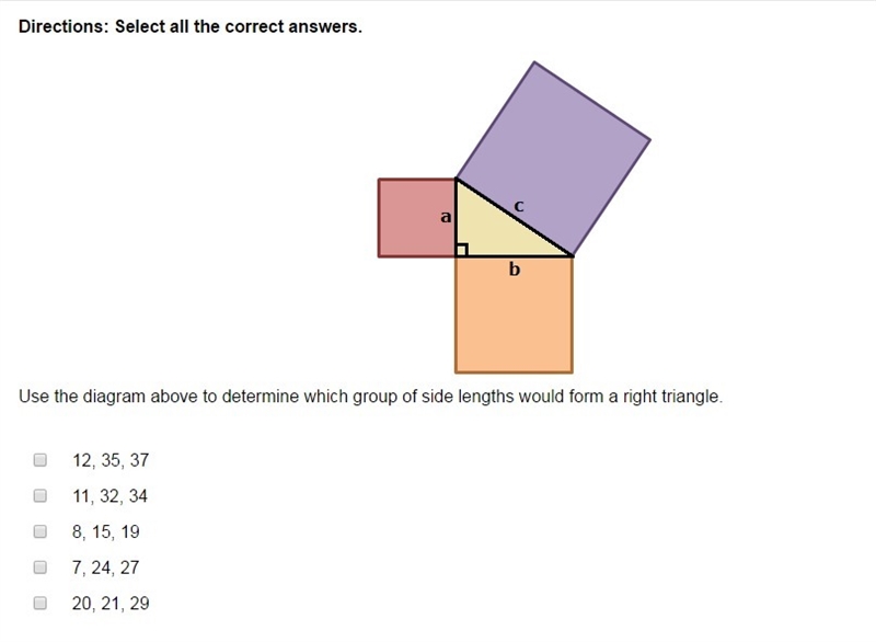 Use the diagram above to determine which group of side lengths would form a right-example-1