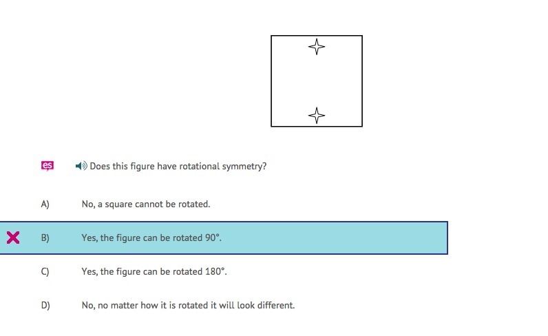 Does this figure have rotational symmetry? A) No, a square cannot be rotated. B) Yes-example-1