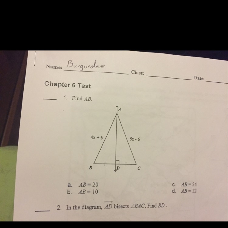 Find AB ANSWERS a) AB=20 b) AB=10 c)AB=55 d) AB=12-example-1