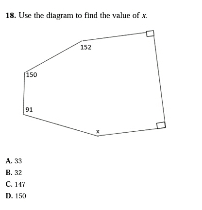 Use the diagram to find the value of x (Help Please) A. 33 B. 32 C. 147 D. 150-example-1