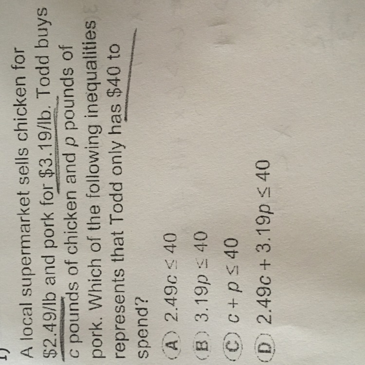 A local supermarket sells chicken fir $2.49/lb and pork for $3.19/lb.Todd buys &quot-example-1