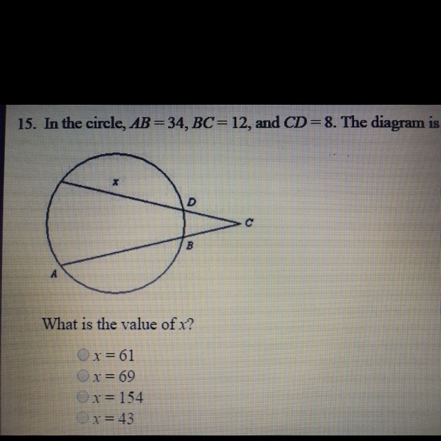 In the circle, AB= 34, BC = 12 and CD= 8-example-1