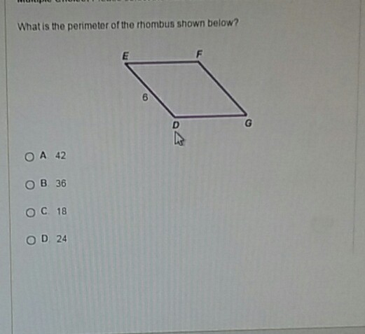 What is the perimeter of the rhombus shown below A. 42 B.36 C.18 D.24-example-1