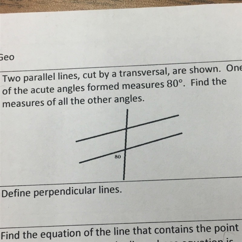 Two parallel lines, cut by transversal, are shown. One of the acute angles formed-example-1