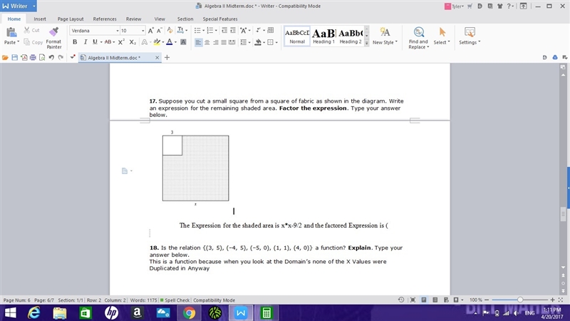 Suppose you cut a small square from a square of fabric as shown in the diagram. Write-example-1