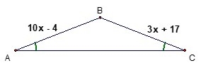 13. The base angles of the triangle are congruent. What is the value of x and the-example-1