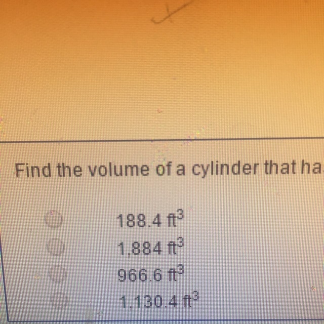 Find the volume of a cylinder that has a radius of 6 feet and a height of 10 feet-example-1