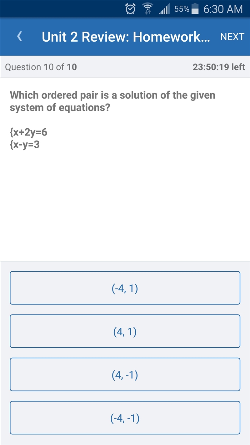 Which ordered pair is a solution of the given system of equations {x+2y=6 {x-y=3-example-1