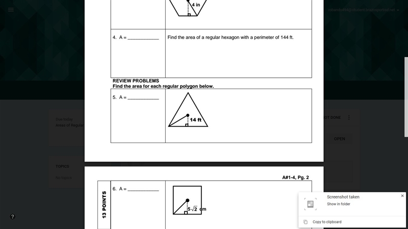 Find the area of the following regular hexagons/polygons-example-1