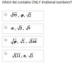 Which list contains ONLY irrational numbers?-example-1