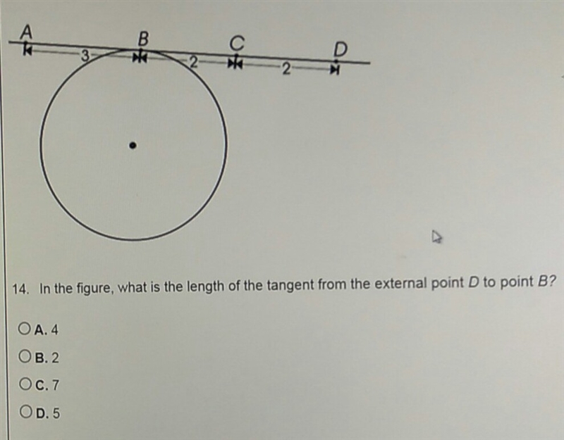 In the figure, what is the length of the tangent from the external point D to point-example-1