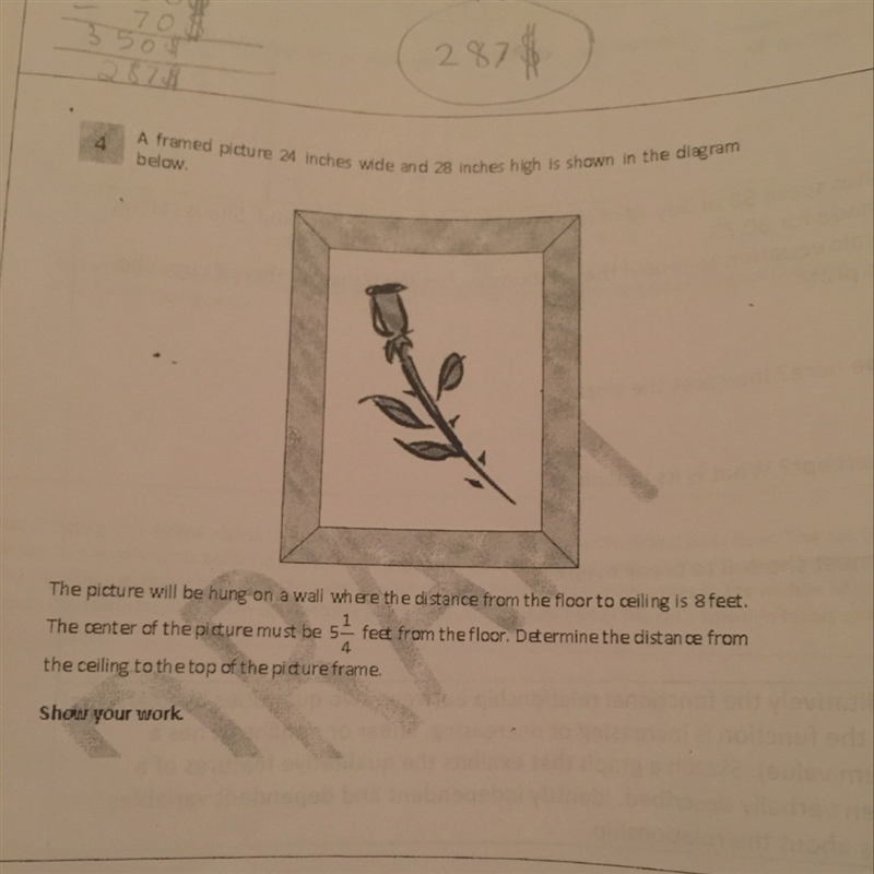 A framed picture 24 inches wide and 28 inches high is shown in the diagram below-example-1