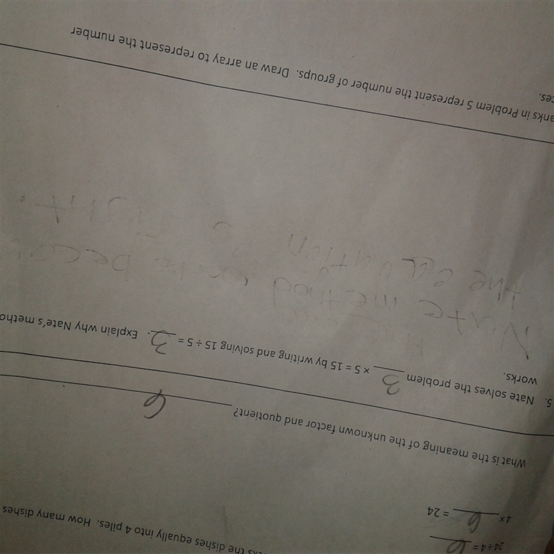 Nate solves the problem 3*5=15 by writing and solving 15÷5=3. Explain why Nate's method-example-1