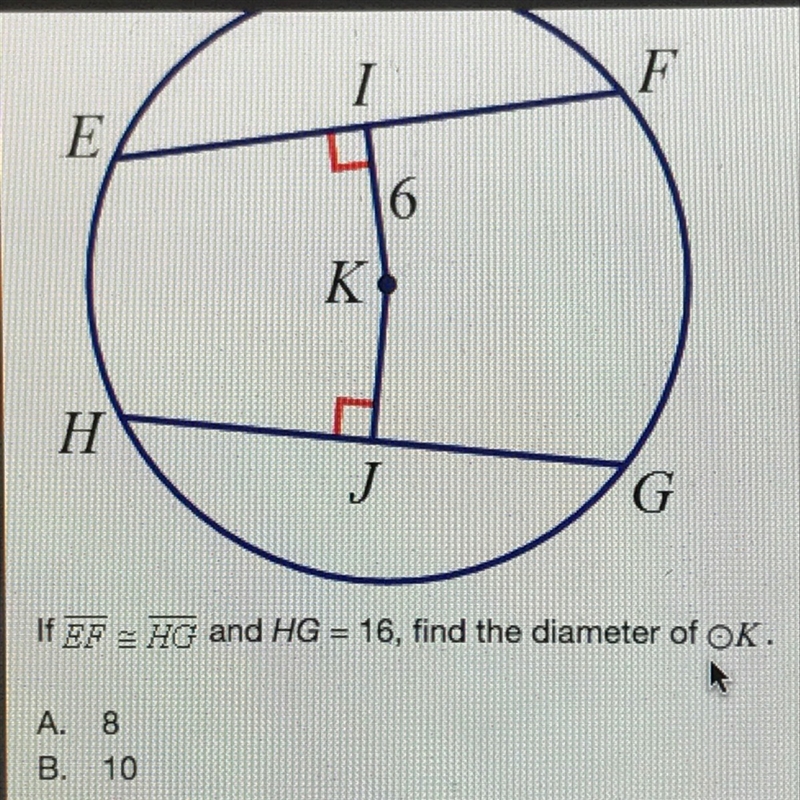 If EF = HG and HG = 16, find the diameter of K-example-1