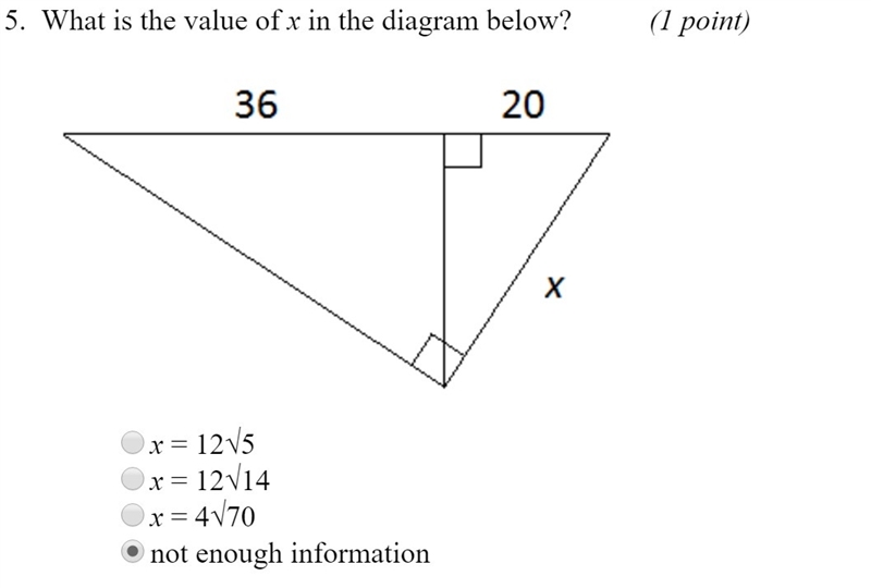 What is the value of x in the diagram below? A. x = 12sqrt5 B. x = 12sqrt14 C. x = 4sqrt-example-1