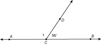 Points A, B, and C are collinear. What is m∠1? A. 124° B. 180° C. 34° D. 56°-example-1