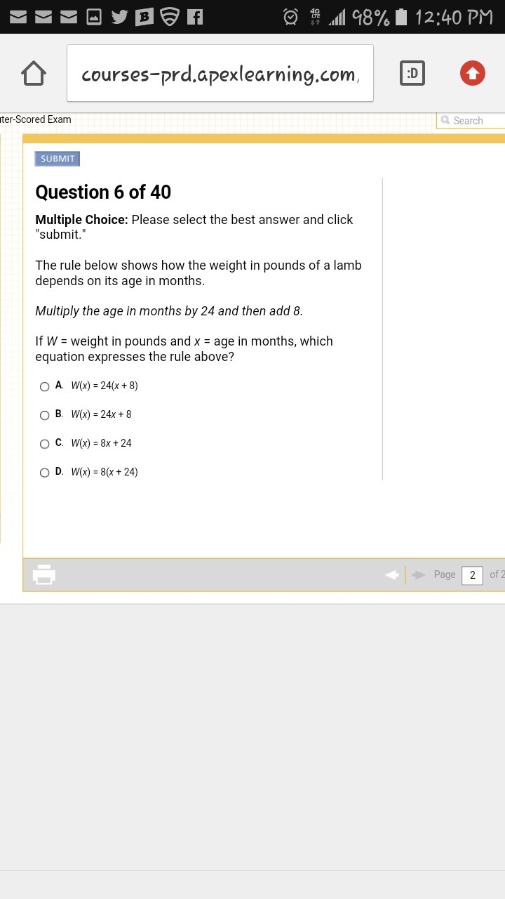 If W = weight in pounds and x = age in months, which equation expresses the rule above-example-1