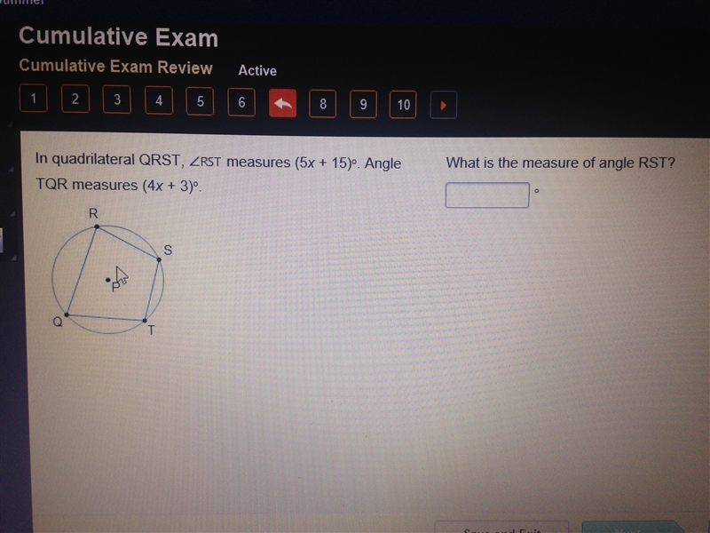 In quadrilateral QRST, angle rst measures (5x + 15)o. Angle TQR measures (4x + 3)o-example-1