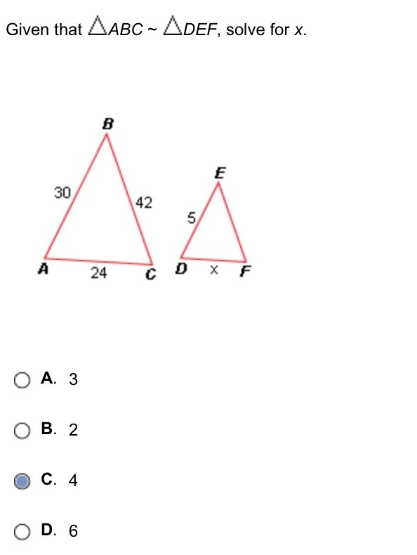 Given that Triangle ABC ~ DEF, solve for x.-example-1