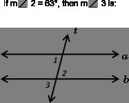 If m ∠ 2=63°, then m ∠ 3 is: 63°. 27°. 117°. None of the choices are correct.-example-1