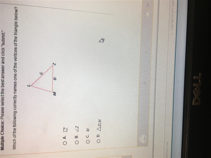 Which of the following correctly names the vertices of the triangle below?-example-1