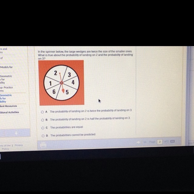 A. The probability of landing on 2 is twice the probability of landing on 3 B. The-example-1