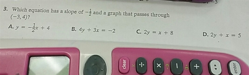 Which equation has a slope of -1/2 and a graph that passes through (-3,4)?-example-1