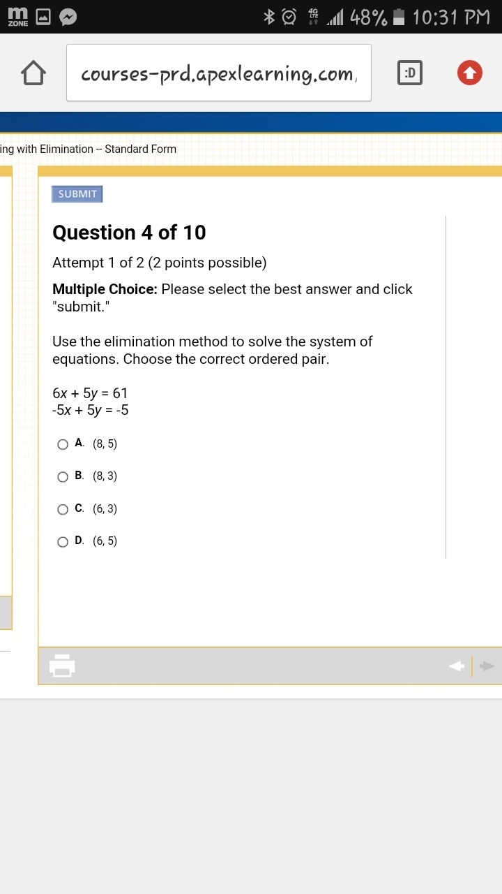 Use the elimination method to solve the system of equations. Choose the correct ordered-example-1