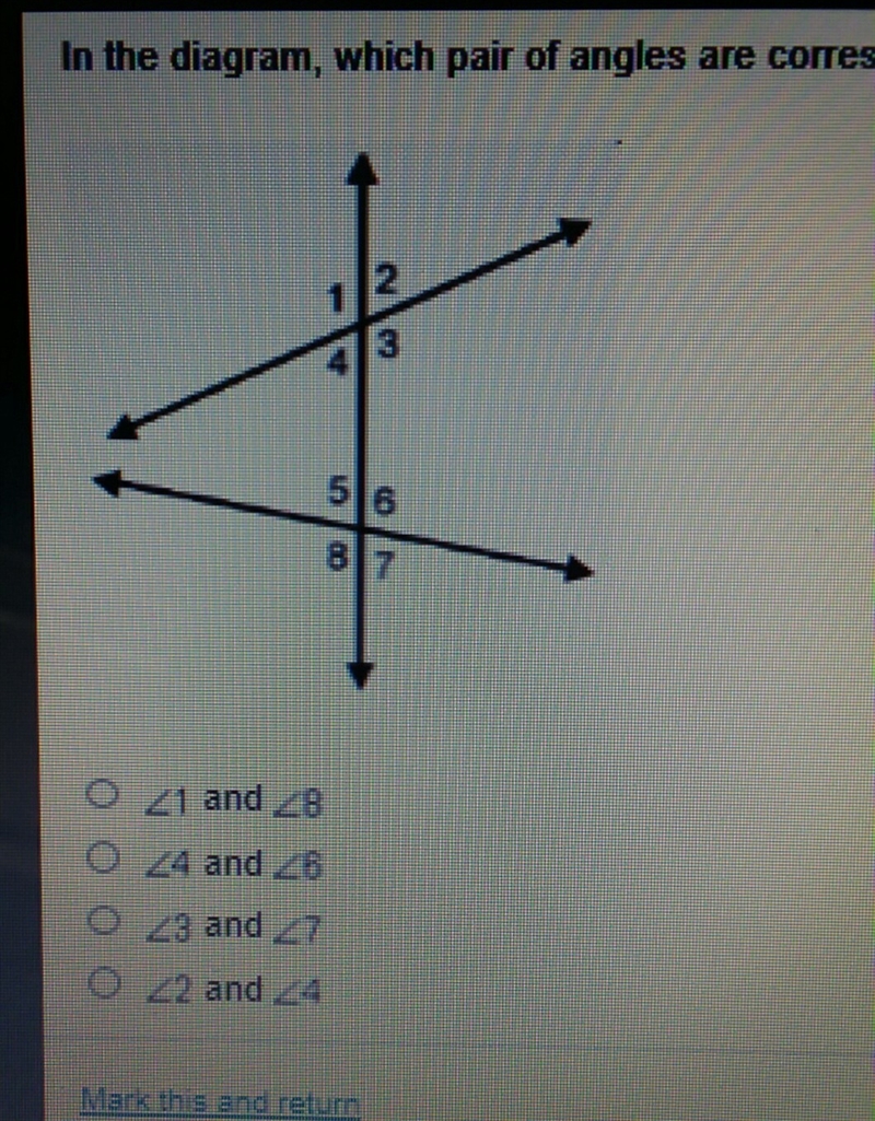 In the diagram which pair of angles are corresponding angles-example-1