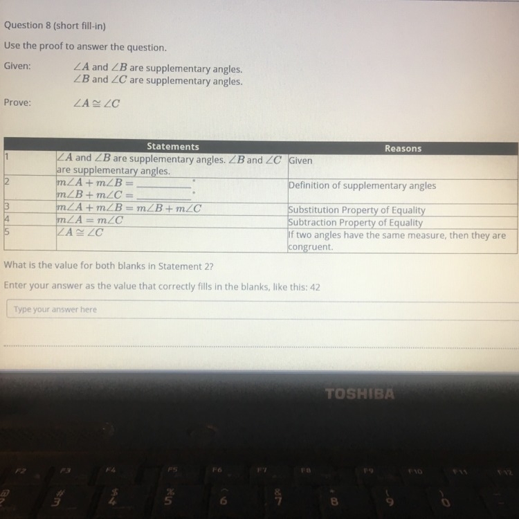 Use the proof to answer the question. What is the value for both blanks in Statment-example-1