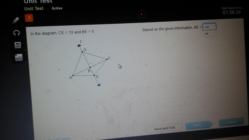 In the diagram ce =12 and be=5 based on the given info ae =-example-1