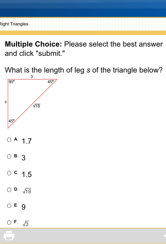 What is the length of leg s of the triangle below-example-1