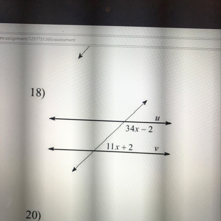 Find the value of x that makes lines u and v parallel-example-1