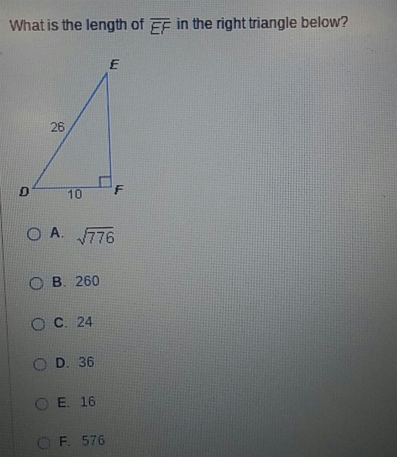 What is the length of ef in the right triangle below-example-1