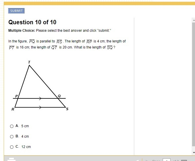 In the figure, PQ is parallel to RS. The legth of RP is 4 cm; the length of PT is-example-1