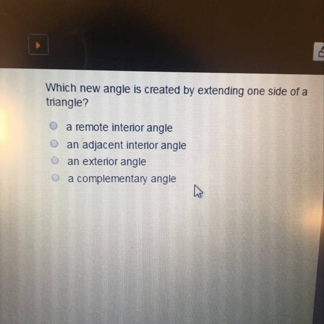 Which new angle is created by extending one side of a triangle-example-1