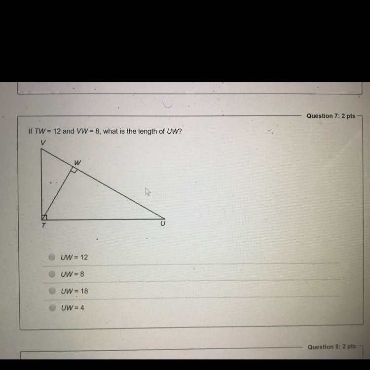 If TW = 12 and vw=8 what is the length of UW-example-1