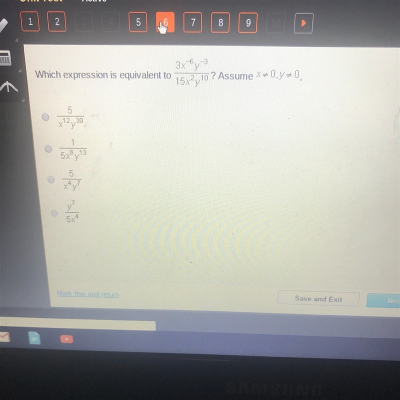 Which expression is equivalent to 3x^-6y^-3/15x^2y^10-example-1