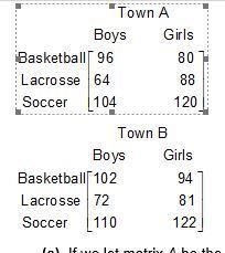 The matrices show the enrollment of boys and girls on the basketball, lacrosse, and-example-1