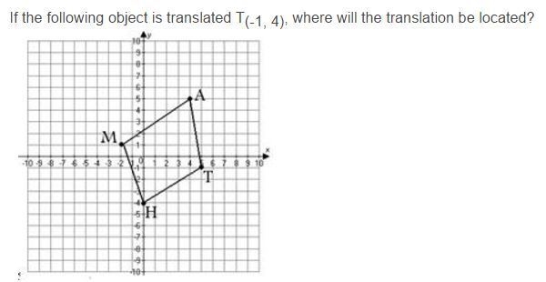 If the following object is translated T(-1, 4), where will the translation be located-example-1