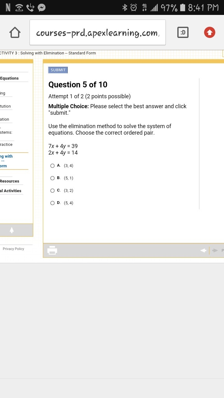 Use the elimination method to solve the system of equations. Choose the correct ordered-example-1