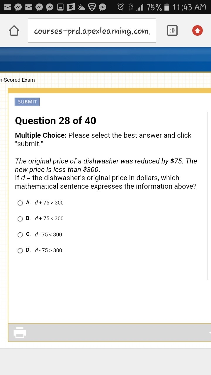 The original price of a dishwasher was reduced by $75. The new price is less than-example-1