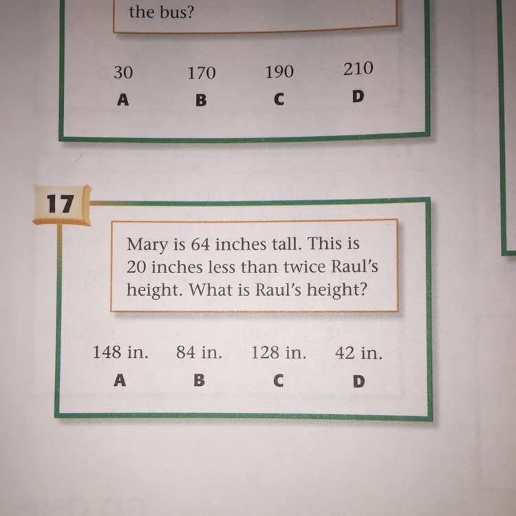 Mary is 64 inches tall. This is 20 inches less than twice Raul's height. What is Raul-example-1