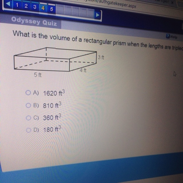 What is the volume of a rectangular prism when the lengths are tripled ?-example-1