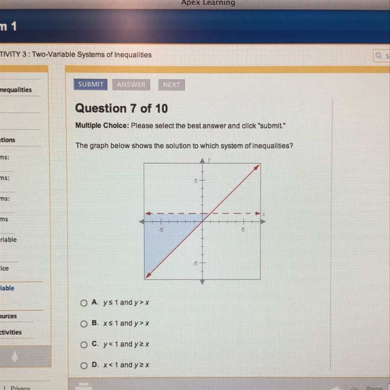 This graph below shows the solution to which system of inequalities? Someone please-example-1