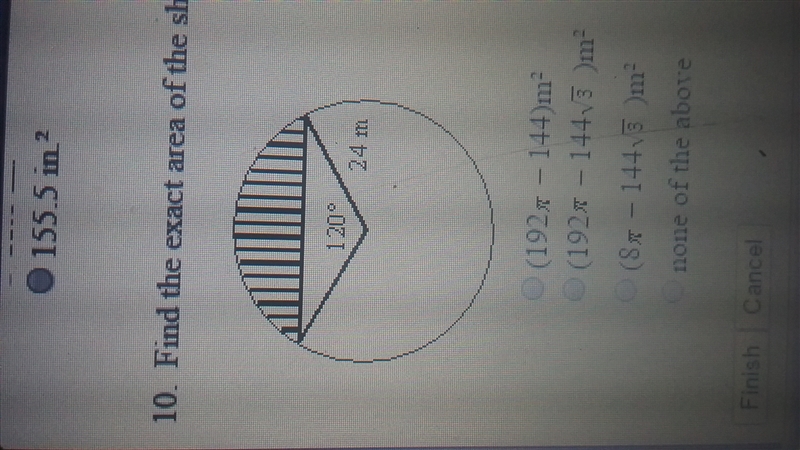 Find the exact area of the shaded region. A) (192pi-144) m^2 ___ B)(192pi-144 V3 ) m-example-1