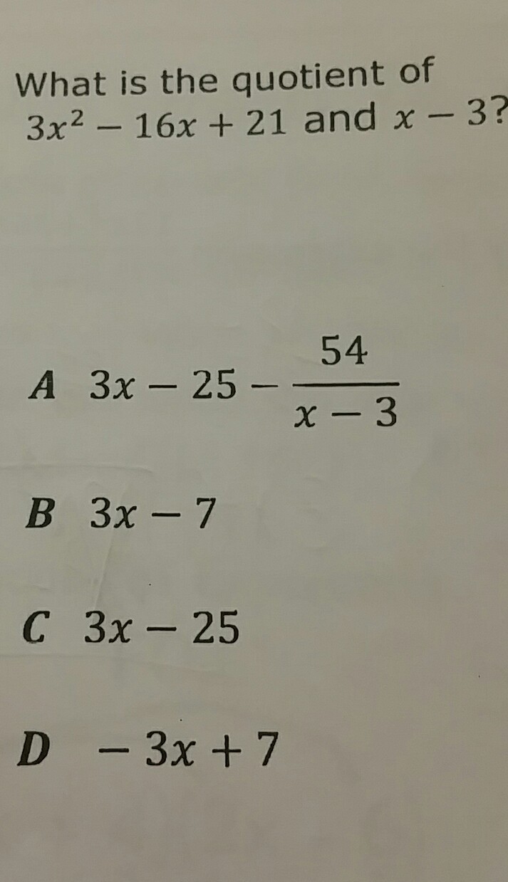 What is the quotient of 3x2-16x+12 and x-3-example-1